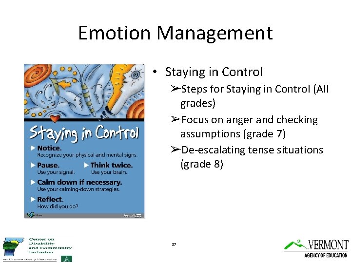 Emotion Management • Staying in Control ➢Steps for Staying in Control (All grades) ➢Focus