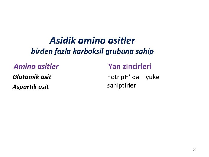 Asidik amino asitler birden fazla karboksil grubuna sahip Amino asitler Yan zincirleri Glutamik asit