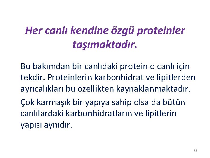 Her canlı kendine özgü proteinler taşımaktadır. Bu bakımdan bir canlıdaki protein o canlı için