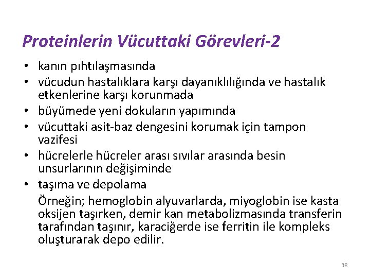 Proteinlerin Vücuttaki Görevleri-2 • kanın pıhtılaşmasında • vücudun hastalıklara karşı dayanıklılığında ve hastalık etkenlerine