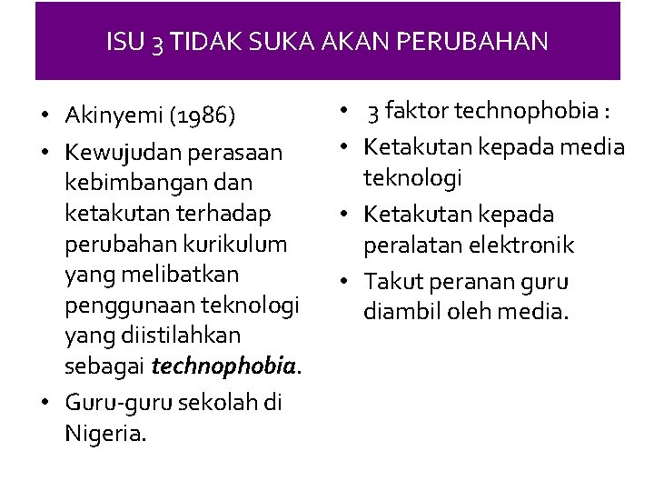 ISU 3 TIDAK SUKA AKAN PERUBAHAN • Akinyemi (1986) • Kewujudan perasaan kebimbangan dan