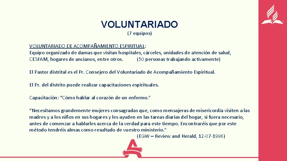 VOLUNTARIADO (7 equipos) VOLUNTARIADO DE ACOMPAÑAMIENTO ESPIRITUAL: Equipo organizado de damas que visitan hospitales,