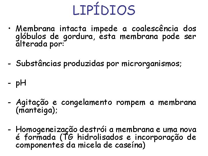 LIPÍDIOS • Membrana intacta impede a coalescência dos glóbulos de gordura, esta membrana pode