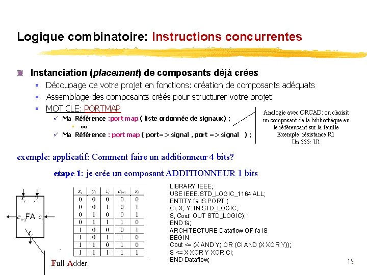 Logique combinatoire: Instructions concurrentes Instanciation (placement) de composants déjà crées § Découpage de votre