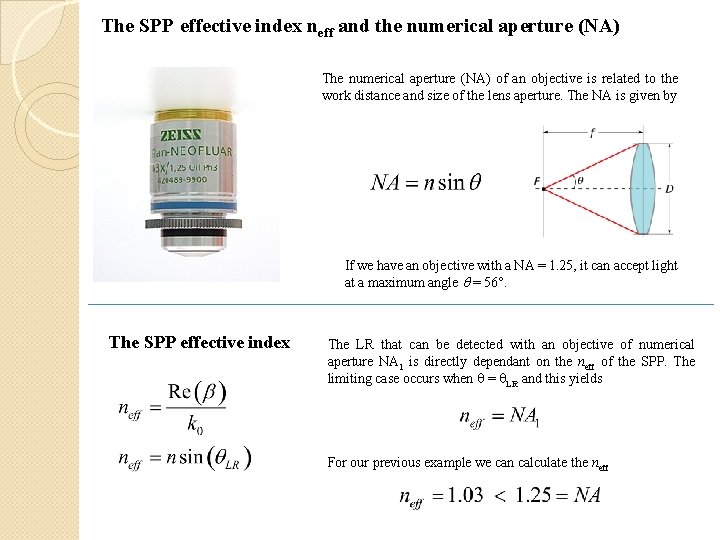 The SPP effective index neff and the numerical aperture (NA) The numerical aperture (NA)