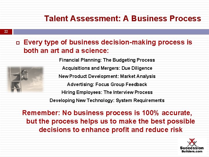 Talent Assessment: A Business Process 22 Every type of business decision-making process is both