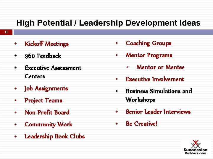 High Potential / Leadership Development Ideas 31 • Kickoff Meetings • Coaching Groups •