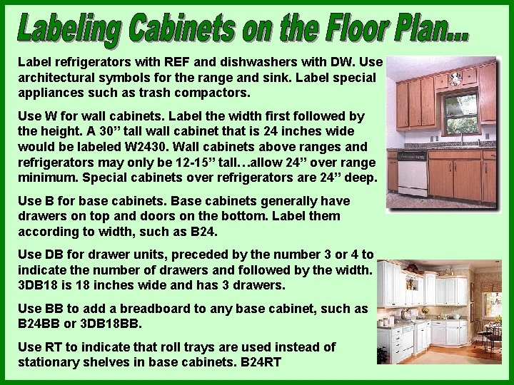 Label refrigerators with REF and dishwashers with DW. Use architectural symbols for the range