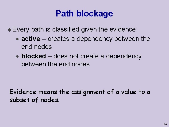 Path blockage u Every path is classified given the evidence: · active -- creates