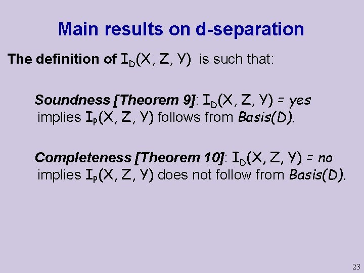 Main results on d-separation The definition of ID(X, Z, Y) is such that: Soundness