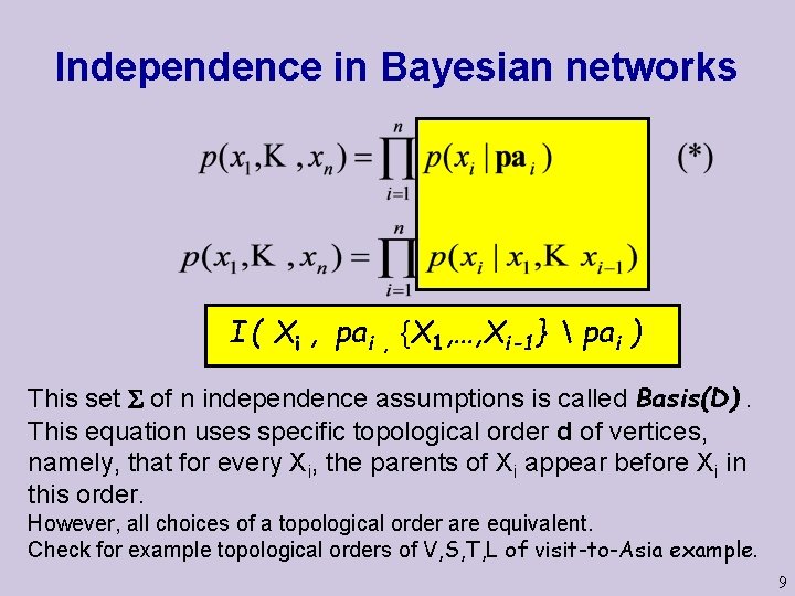 Independence in Bayesian networks I ( Xi , pai , {X 1, …, Xi-1}