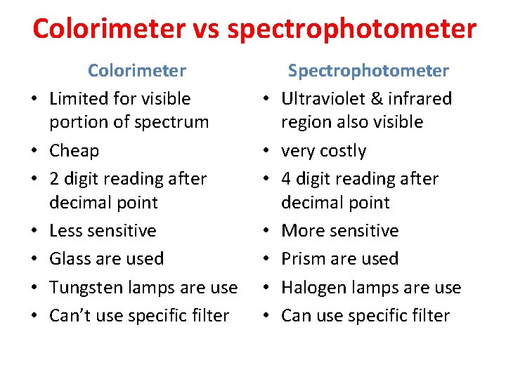 Colorimeter vs spectrophotometer • • Colorimeter Limited for visible portion of spectrum Cheap 2