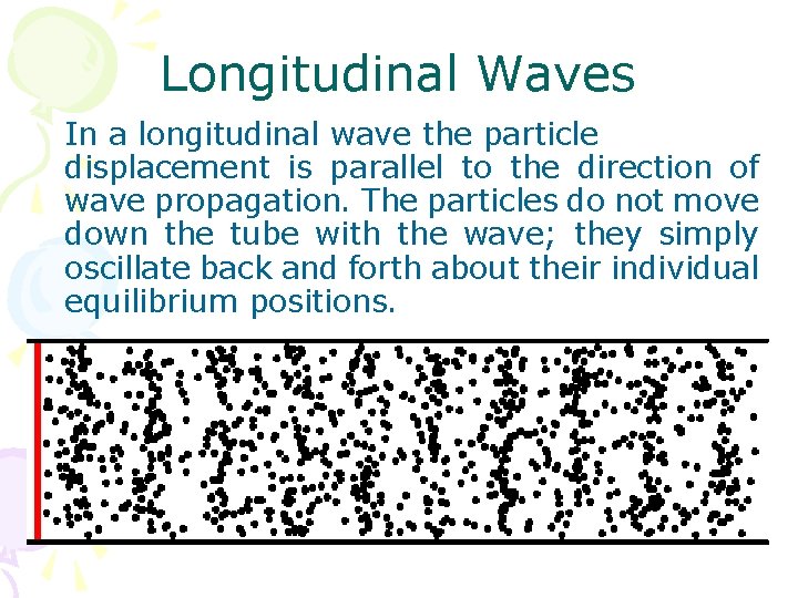 Longitudinal Waves In a longitudinal wave the particle displacement is parallel to the direction