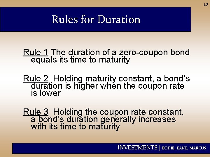 13 Rules for Duration Rule 1 The duration of a zero-coupon bond equals its