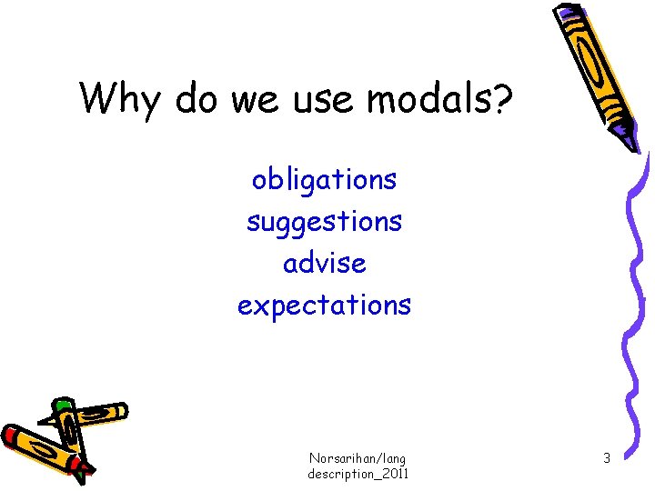 Why do we use modals? obligations suggestions advise expectations Norsarihan/lang description_2011 3 