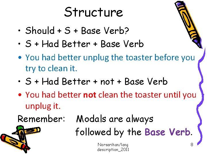 Structure • Should + S + Base Verb? • S + Had Better +