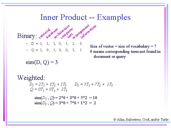 Inner Product -- Examples Binary: nt ion re r e u m at al