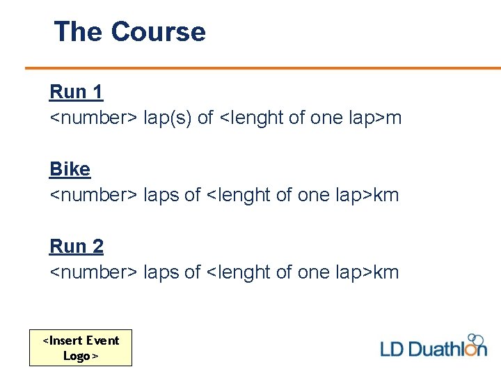 The Course Run 1 <number> lap(s) of <lenght of one lap>m Bike <number> laps