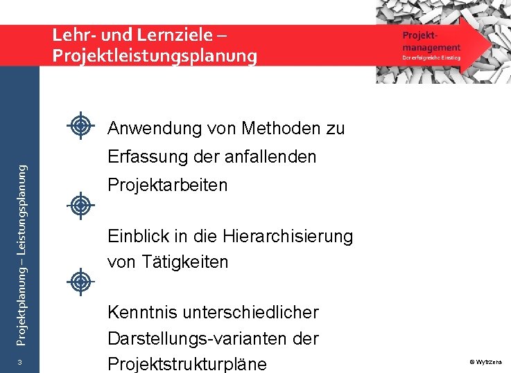 Lehr- und Lernziele – Projektleistungsplanung Projektplanung – Leistungsplanung Anwendung von Methoden zu 3 Erfassung