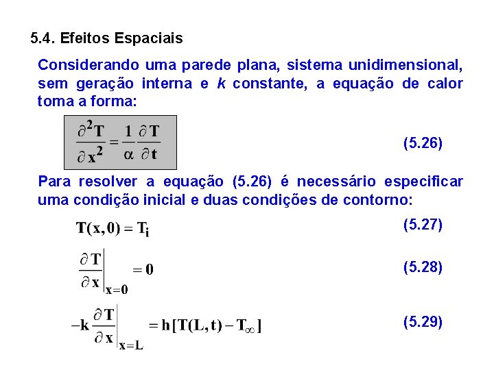 5. 4. Efeitos Espaciais Considerando uma parede plana, sistema unidimensional, sem geração interna e