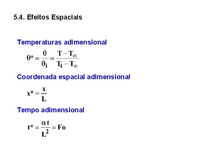 5. 4. Efeitos Espaciais Temperaturas adimensional Coordenada espacial adimensional Tempo adimensional 