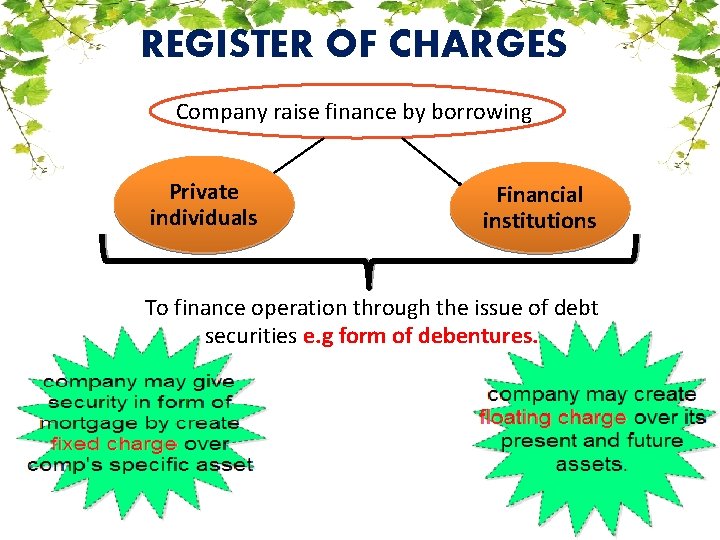 REGISTER OF CHARGES Company raise finance by borrowing Private individuals Financial institutions To finance