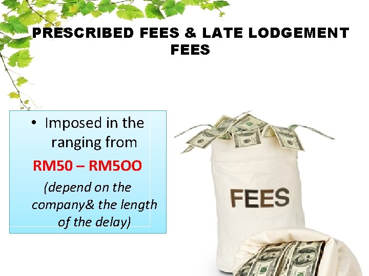 PRESCRIBED FEES & LATE LODGEMENT FEES • Imposed in the ranging from RM 50