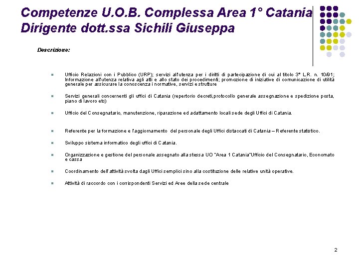 Competenze U. O. B. Complessa Area 1° Catania Dirigente dott. ssa Sichili Giuseppa Descrizione: