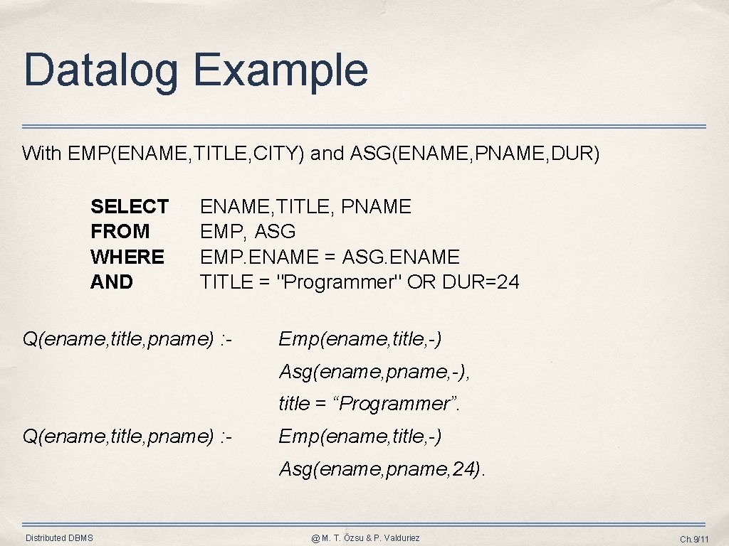 Datalog Example With EMP(ENAME, TITLE, CITY) and ASG(ENAME, PNAME, DUR) SELECT FROM WHERE AND