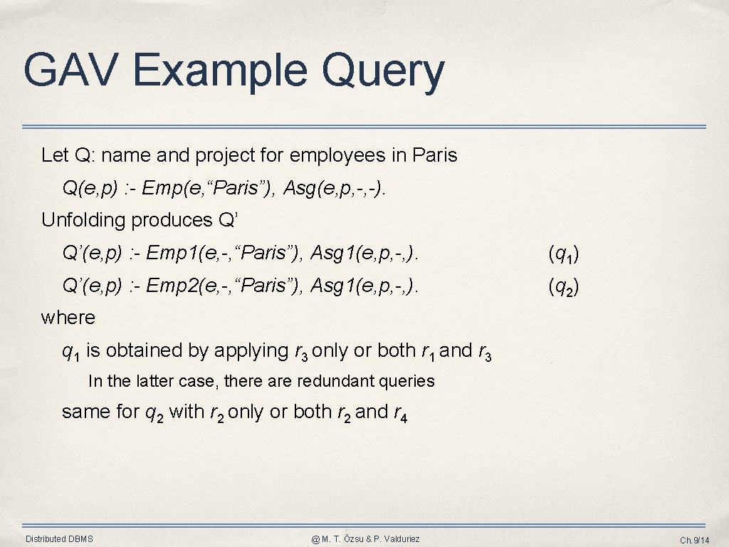 GAV Example Query Let Q: name and project for employees in Paris Q(e, p)