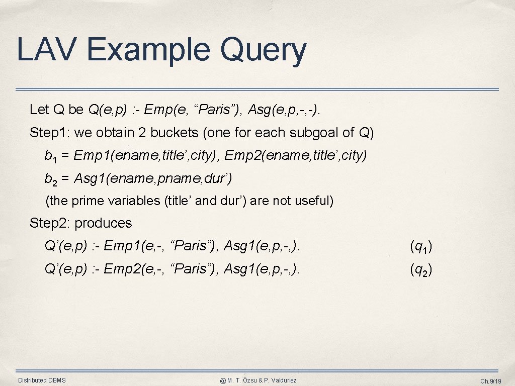 LAV Example Query Let Q be Q(e, p) : - Emp(e, “Paris”), Asg(e, p,