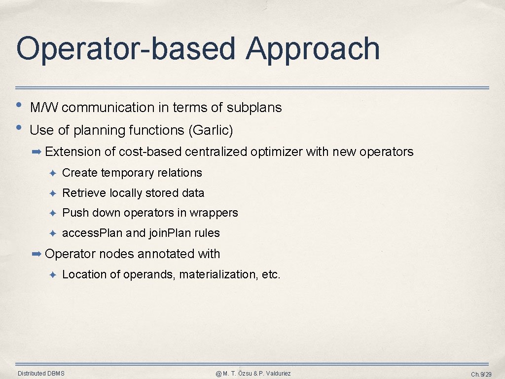 Operator-based Approach • • M/W communication in terms of subplans Use of planning functions