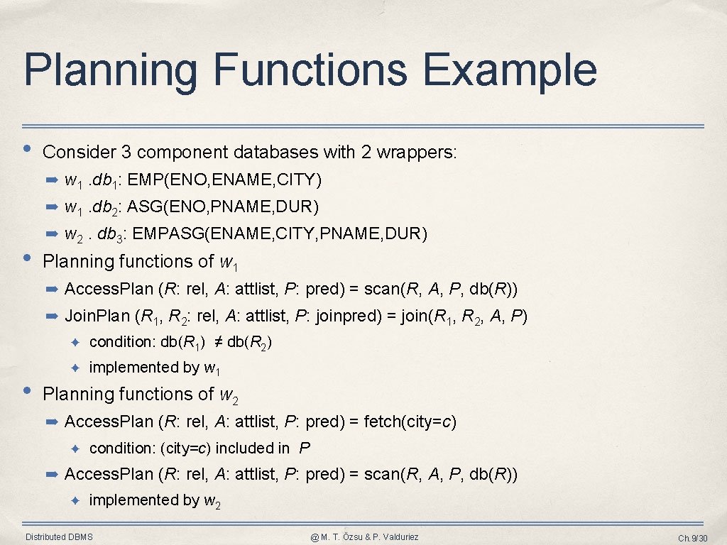 Planning Functions Example • Consider 3 component databases with 2 wrappers: ➡ w 1.