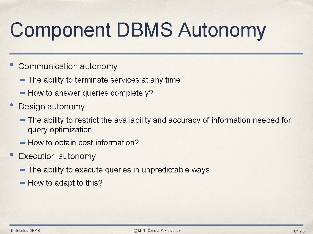 Component DBMS Autonomy • Communication autonomy ➡ The ability to terminate services at any