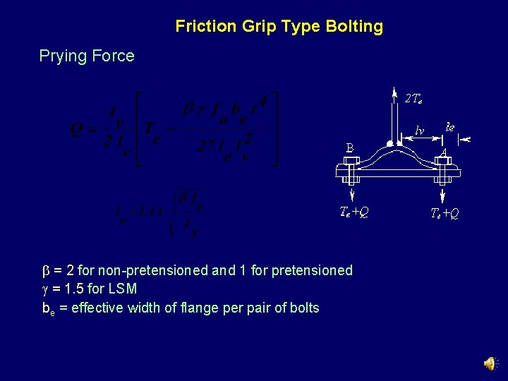 Friction Grip Type Bolting Prying Force = 2 for non-pretensioned and 1 for pretensioned Friction Grip Type Bolting Prying Force = 2 for non-pretensioned and 1 for pretensioned