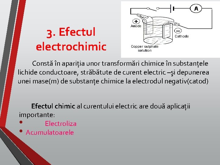 3. Efectul electrochimic Constă în apariția unor transformări chimice în substanțele lichide conductoare, străbătute