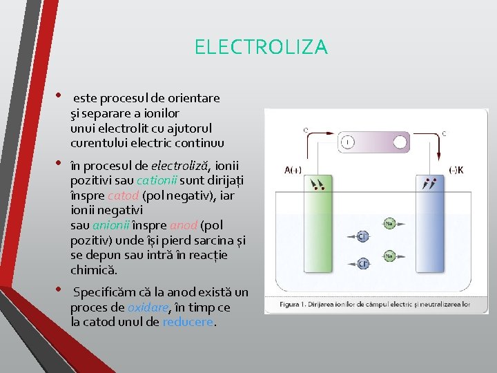 ELECTROLIZA • este procesul de orientare şi separare a ionilor unui electrolit cu ajutorul