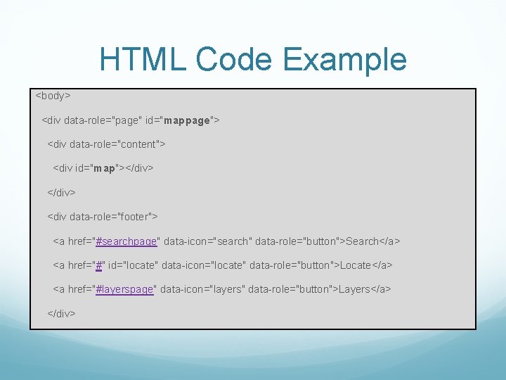 HTML Code Example <body> <div data-role="page" id="mappage"> <div data-role="content"> <div id="map"></div> <div data-role="footer"> <a