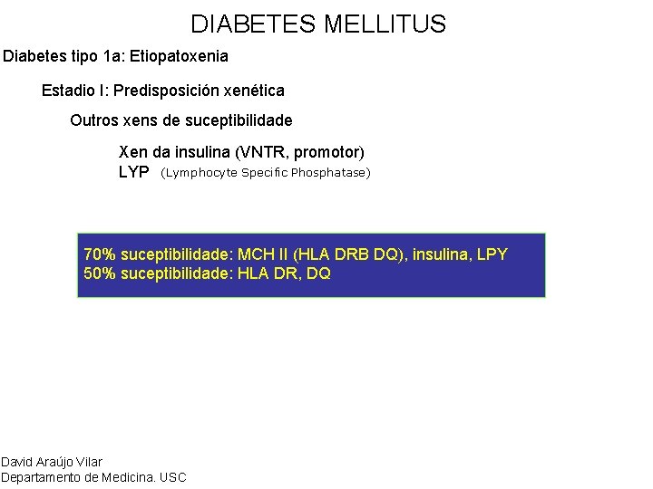 DIABETES MELLITUS Diabetes tipo 1 a: Etiopatoxenia Estadio I: Predisposición xenética Outros xens de