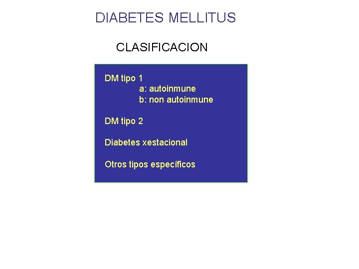 DIABETES MELLITUS CLASIFICACION DM tipo 1 a: autoinmune b: non autoinmune DM tipo 2