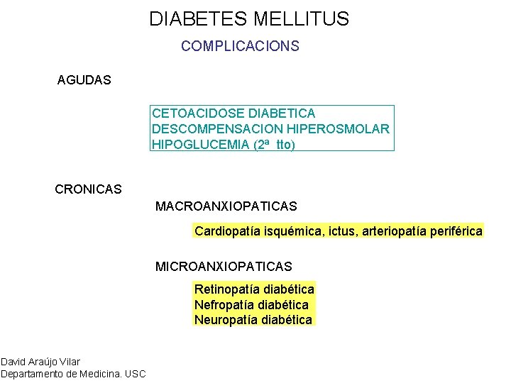 DIABETES MELLITUS COMPLICACIONS AGUDAS CETOACIDOSE DIABETICA DESCOMPENSACION HIPEROSMOLAR HIPOGLUCEMIA (2ª tto) CRONICAS MACROANXIOPATICAS Cardiopatía