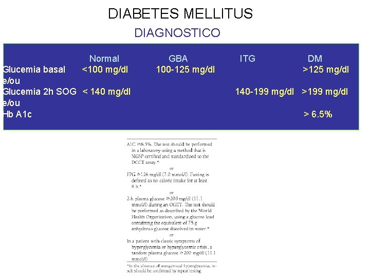 DIABETES MELLITUS DIAGNOSTICO Normal <100 mg/dl Glucemia basal e/ou Glucemia 2 h SOG <