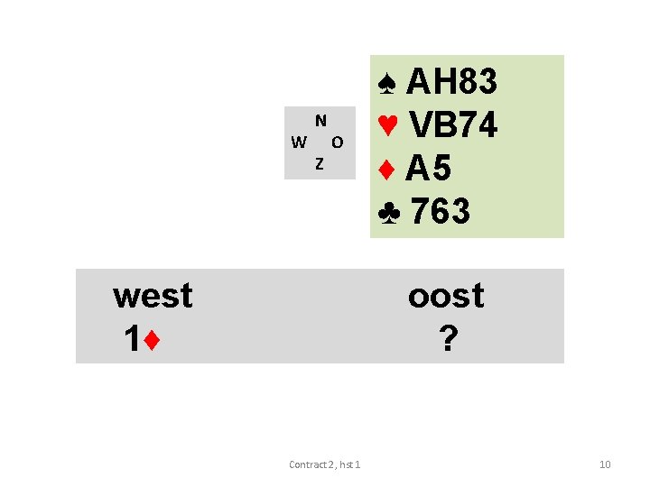 W N Z O west 1♦ ♠ AH 83 ♥ VB 74 ♦ A