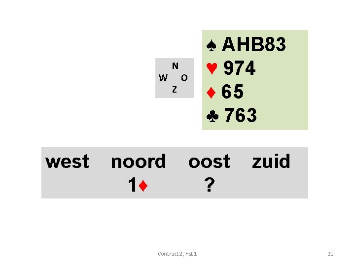 W west noord 1♦ N Z ♠ AHB 83 ♥ 974 ♦ 65 ♣