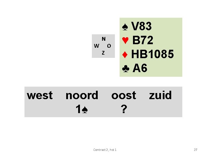 W west noord 1♠ N Z ♠ V 83 ♥ B 72 ♦ HB