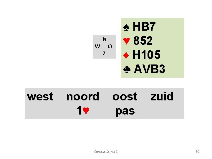 W west noord 1♥ N Z ♠ HB 7 ♥ 852 ♦ H 105