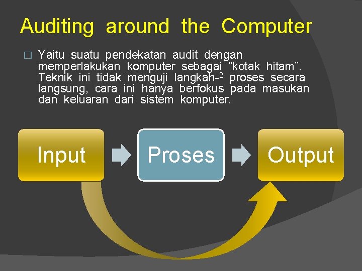 Auditing around the Computer � Yaitu suatu pendekatan audit dengan memperlakukan komputer sebagai ”kotak