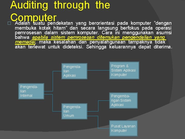 Auditing through the Computer Adalah suatu pendekatan yang berorientasi pada komputer ”dengan � membuka