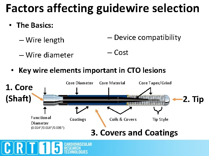 Factors affecting guidewire selection • The Basics: – Wire length – Device compatibility –
