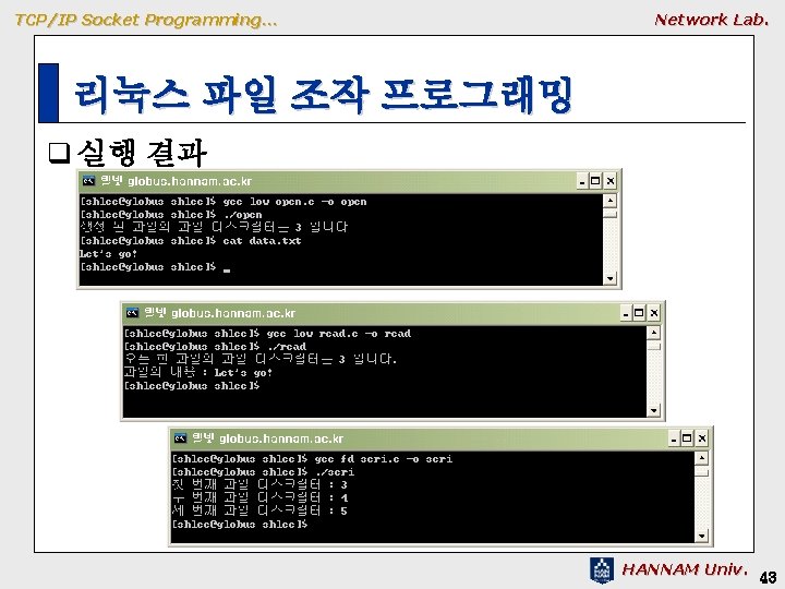 TCP/IP Socket Programming… Network Lab. 리눅스 파일 조작 프로그래밍 q 실행 결과 HANNAM Univ.